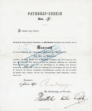 Patronat-Schein zur Finanzierung der Festspiele in Bayreuth. Der am 1. Februar 1872 aufgelegte Patronat-Schein wurde von Richard Wagner und drei Bevollmächtigten und Verwaltern im Original signiert, u. a. von dem Bankier Friedrich Feustel. Durch Zahlung von 300 Thaler erwarb der Inhaber des Scheins „die Rechte eines Patrones der in Bayreuth zu bewerkstelligenden drei vollständigen Aufführungen des Bühnenspieles Der Ring des Nibelungen“.