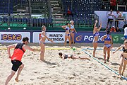 Deutsch: Beachhandball Europameisterschaften 2019 (Beach handball Euro); Tag 2: 3. Juli 2019 – Frauen, Vorrunde Gruppe C, Spanien-Griechenland 2:1 (12:20, 18:16; 8:2) English: Beach handball Euro; Day 2: 3 July 2019 – Women Preliminary Round Group C – Spain-Greece 2:1 (12:20, 18:16; 8:2)