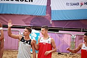 Deutsch: Beachhandball bei den Olympischen Jugendspielen 2018; Tag 6, 12. Oktober 2018; Jungen, Hauptrundenspiel – Spanien-Portugal 2:1 English: Beach handball at the 2018 Summer Youth Olympics at 12 October 2018 – Boys Main Round – Spain-Portugal 2:1