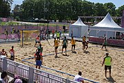 Deutsch: Beachhandball bei den Olympischen Jugendspielen 2018; Tag 4, 10. Oktober 2018; Jungs, Vorrunde, Gruppe B - Portugal-Paraguay 2:0 English: Beach handball at the 2018 Summer Youth Olympics at 10 October 2018 – Boys Preliminary Round Group B – Portugal-Paraguay 2:0