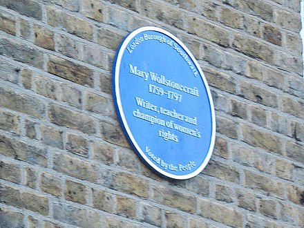 Blue plaque at 45 Dolben Street, Southwark, where she lived from 1788; unveiled in 2004 by Claire Tomalin[75]