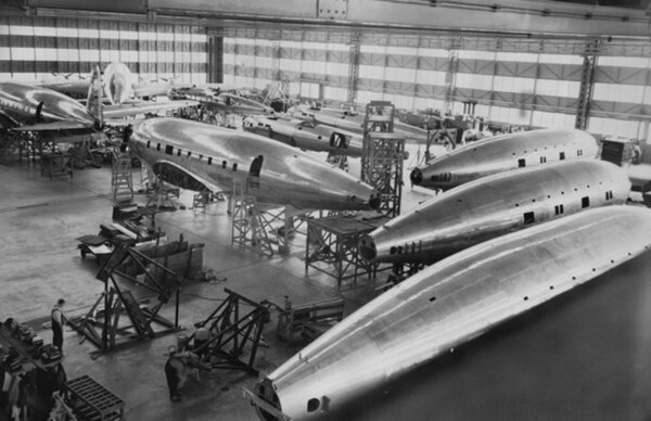 Boeing S-307 Stratoliner production line - note the early B-17s to the rear