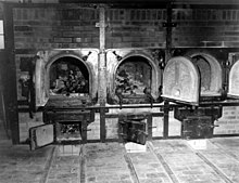 Bones of murdered prisoners in the crematoria in the German concentration camp at Weimar, Germany in a photo taken by the 3rd U.S. Army on 14 April 1945 Bones of anti-Nazi German women still are in the crematoriums in the German concentration camp at Weimar, Germany.jpg