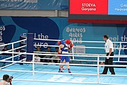 Deutsch: Boxen bei den Olympischen Jugendspielen 2018 Tag 12, 18. Oktober 2018 - Kampf um die Bronzemedaille im Fliegengewicht Mädchen – Heaven Destiny Garcia (USA, blau) schlägt Goryanana Stoeva (Bulgarien, rot) 5-0; Ringrichter ist Ishanguly Meretnyyazov (Turkmenistan). English: Boxing at the 2018 Summer Youth Olympics on 18 October 2018 – Girl's flyweight Bronze Medal Bout - Heaven Destiny Garcia (USA, blue) beats Goryanana Stoeva (Bulgaria, red) 5-0; Referee is Ishanguly Meretnyyazov (Turkmenistan). Español: Boxeo en los Juegos Olímpicos Juveniles de Verano de 2018 en 18 de octubre de 2018 - Combate a medalla de bronce de peso mosca para mujeres: Heaven Destiny Garcia (Estados Unidos, azul) le gana a Goryanana Stoeva (Bulgaria, roja) 5-0; El árbitro es Ishanguly Meretnyyazov (Turkmenistán).