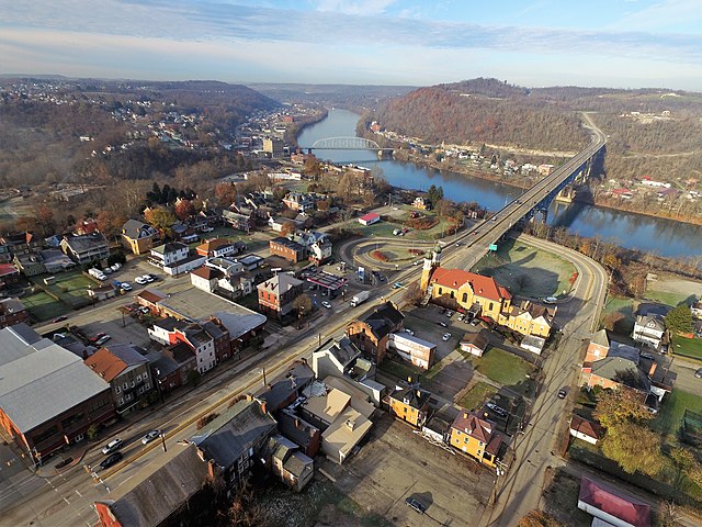 Aerial photo of Brownsville, looking over the Monongahela River
