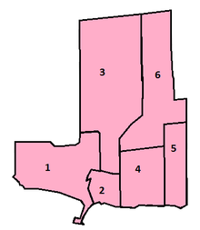 Map of Burlington's six wards Burlington, Ontario ward map.png