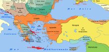 Bulgarian Empire (in dark green) and Southeastern Europe in 1265 ByzantineEmpire1265.svg