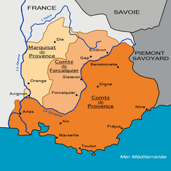 Provence i 1125, opdelt i grevskabet og markisatet Provence og Grevskabet Forcalquier.