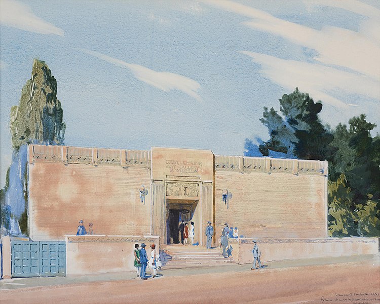 File:Castlemaine Art Gallery and Museum Harold Herbert 1931 Watercolour 41.3 x 52.7 cm Inscribed l.r., watercolour "from a drawing by mesrs Spepheuras & Meldrum architects".jpg