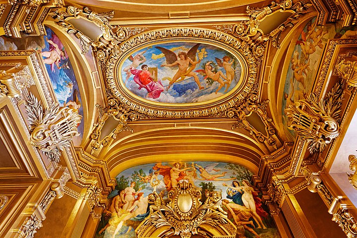 Ceiling of the octagonal salon at the eastern end with Jules-Élie Delaunay's central oval panel, The Zodiac, and over-door panel, Apollo Receiving the Lyre[26]