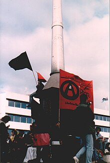 Australian Anarchist Centenary Celebrations on 1 May 1986 at the Melbourne Eight Hour Day monument Celebrating 100 years of Anarchism 888 monument.jpeg