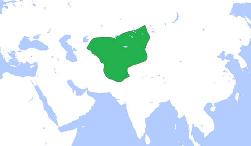 The Chagatai Khanate at its greatest extent under Duwa (green), c. 1300.