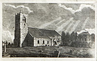 A drawing of St. Mary's in 1797 showing the old rectory building (right) and a black and white cottage that still exists (left). Church print 1797 vestry.jpg