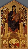 Vierge en Majesté de Santa Trìnita, Florence. Cimabue, 1290/1300[7]. Tempera et or sur bois. H. 3,85 m. Galerie des Offices