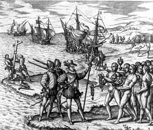 Engraving of Christopher Columbus landing on Hispaniola, by Theodor de Bry