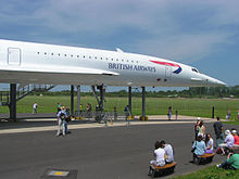 British Airways Concorde at Filton Aerodrome, Bristol, England shows the slender fuselage necessary for supersonic flight. Concorde at filton noseview arp.jpg