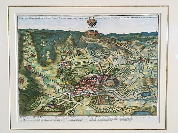 Hechingen with the Friedrichsburg, and Hohenzollern Castle around 1643 by Matthäus Merian