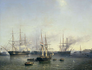 De Kock's fleet conquering Palembang in 1821, by Louis Meijer