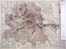 In the 1880s, if this place is so cut into three: east, central and west zones of about 30,000 inhabitants each, the central one had less than 10% recognisable poverty, the minimum of London's map above, but the others (east and west) more than 40%. Descriptive map of London poverty, 1889 Wellcome L0027751.jpg