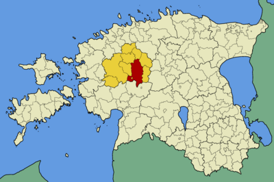 Commune de Käru (en rouge) dans le Comté de Rapla (en jaune).