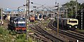 Morning view of Egmore from the east showing a blue engine and two trains