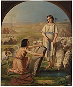 Encuentro de Jacob con su prima Raquel, que conducía el rebaño de su padre, en actitud de descubrir el pozo para que beba el ganado.jpg