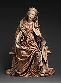 Statuetă austriacă a Fecioarei Maria pe tron; 1490–1500; calcar cu gesso, pictat și aurit; 80,3 x 59,1 x 23,5 cm; Muzeul Metropolitan de Artă