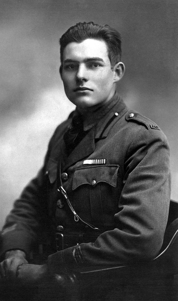 Hemingway in uniform in Milan in 1918, where he drove ambulances for two months until he was wounded.