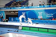 Deutsch: Fechten bei den Olympischen Jugend-Sommerspielen 2018: Tag 1, 7. Oktober 2018, Jungen, Säbel, Kampf um Bronze - Mazen Elaraby (EGY) - Robert Vidovszky (USA) 15:10 English: Fencing at the 2018 Summer Youth Olympics at 7 October 2018 – Boys' sabre Bronze medal match – Mazen Elaraby (EGY) Vs Robert Vidovszky (USA) 15:10