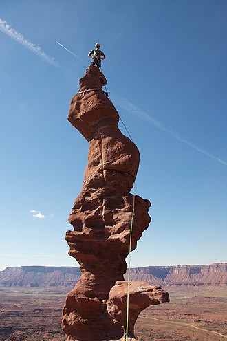 Climber on Ancient Art in Fisher Towers, Moab, Utah, USA. Famous high-exposure route. Fisher towers - Ancient Art - 06.jpg