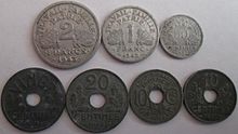 Vichy French zinc and aluminium coins made during the war circulated in both the German-occupied zone and Vichy's unoccupied zone. French coins zinc & aluminum World War II 1940s.jpg