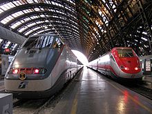 Frecciabianca (left) and Frecciarossa (right) high-speed trains at Milan Central railway station Gare milan centrale.jpg