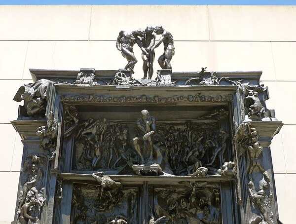 Gates of Hell (detail) in the Rodin Sculpture Garden. Gates of Hell sculpture by Rodin top detail.JPG