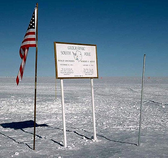 The Geographic South Pole is marked by the stake on the right