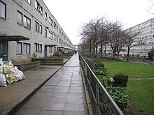 A view of the Lismore Circus Estate, two parallel blocks of continuous housing units dating from the early 1970s.