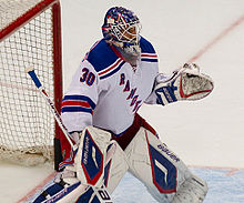 Lundqvist during the 2011–12 season. During that season, he became the first NHL goaltender to win at least 30 games in their first seven seasons.