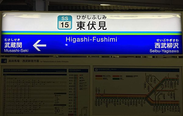 Furigana indicates the pronunciation above the kanji for the names of three stations on the Seibu Railway, 東伏見 (Higashi-Fushimi Station), 武蔵関 ( Musashi-Seki Station) and 西武柳沢 (Seibu-Yagisawa Station). The sign also includes romaji below the kanji for each station.
