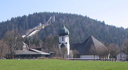 Hinterzarten in the Southern Black Forest: church and Adler ski jump