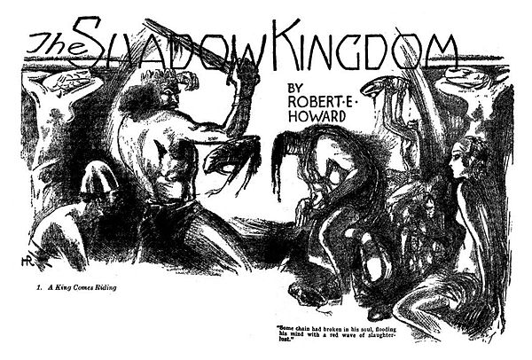 Illustration for Robert E. Howard's "The Shadow Kingdom" in Weird Tales (August 1929), Kull's first appearance