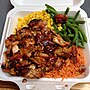 Thumbnail for File:I had to hit the food court. It's bourbon chicken, corn, green beans, and read bean rice. I only found one red bean in the rice. I should get a lottery ticket.. LOL!.jpg