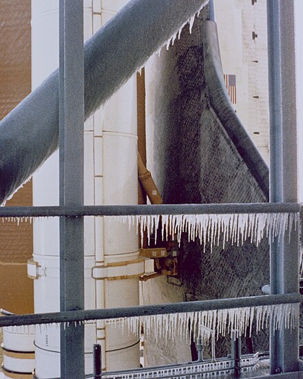 Ice on the launch tower hours before Challenger launch