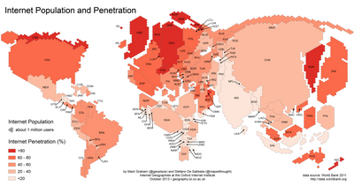 Number of Internet users in 2011
This map illustrates the total number of Internet users in a country as well as the percentage of the population that had Internet access in 2011.
Source: Information Geographies at the Oxford Internet Institute. InternetPopulation2011 DeSabbata Graham OII.png