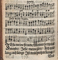 "Jesu, meine Freude" at the bottom of a 1653 print, music and below the first lines of the text