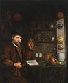 Johannes Cordua (c. 1630–1702) Ein Arzt in seinem Studierzimmer, signiert unten rechts (auf dem Steinzeuggefäss): J. de Cordua, Öl auf Leinwand, 118 x 98 cm