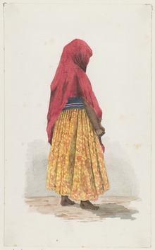 Arnoldus Borret: Suriname woman with red shawl, water colour, around 1880 KITLV - 36A219 - Borret, Arnoldus - Woman with red shawl - Water colour - Circa 1880.tif