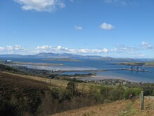 View from Kaim Hill over the terminal and construction yard, across the Firth of Clyde to the Cumbraes and Arran Kaim Hill 3 Firlie Glen and Arran.jpg