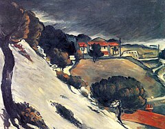 Paul Cezanne, L'Estaque, Melting Snow, c. 1871. Writer Ronald Berman draws comparison between Cezanne's treatment of this landscape and the way Hemingway imbues the Irati River with emotional texture. In both, the landscape is a subjective element seen differently by each character. L'Estaque, neige fondante, par Paul Cezanne.jpg