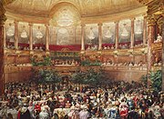 1855年8月25日、ヴェルサイユ宮殿のオペラ劇場。訪仏したヴィクトリアとアルバートの歓迎晩餐会を描いたウジェーヌ・ラミの絵画