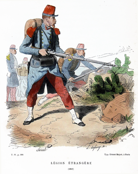 Légionnaire of the French Foreign Legion (Légion Étrangère, LE) with the  bakc of his head tattoed with the Legion's badge and the motto Marche ou  Crève (March or Die), above the 2e
