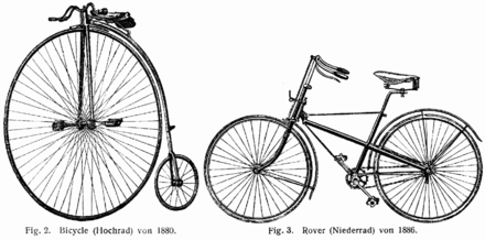 An 1880 penny-farthing (left), and a 1886 Rover safety bicycle (right)